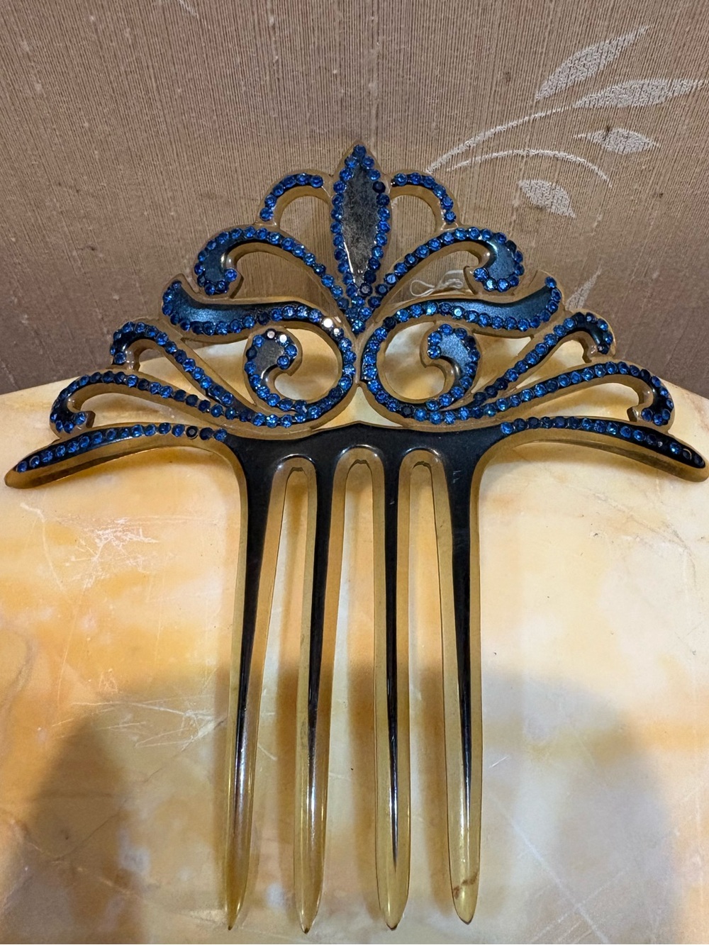 Vintage Hair Comb with Blue Rhinestones Crystals